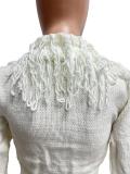 White Long Sleeve Knitting Sweater Tassels Two Pieces Bandage Skirt Dress Sets