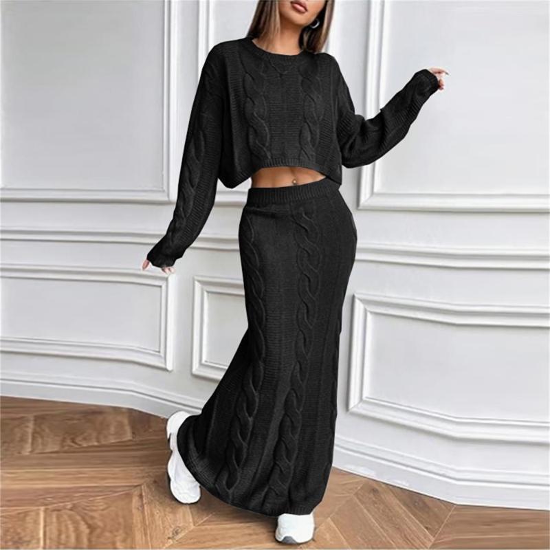 Black Long Sleeve Knitted Pullover Cardigan Pleated Bodycon Long Skirt Sets