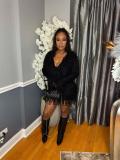 Black Long Sleeve Knitting Sweater Tassels Two Pieces Bandage Skirt Dress Sets