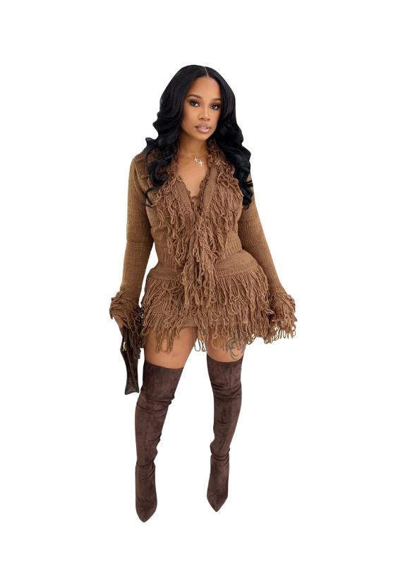 Coffee Long Sleeve Knitting Sweater Tassels Two Pieces Bandage Skirt Dress Sets
