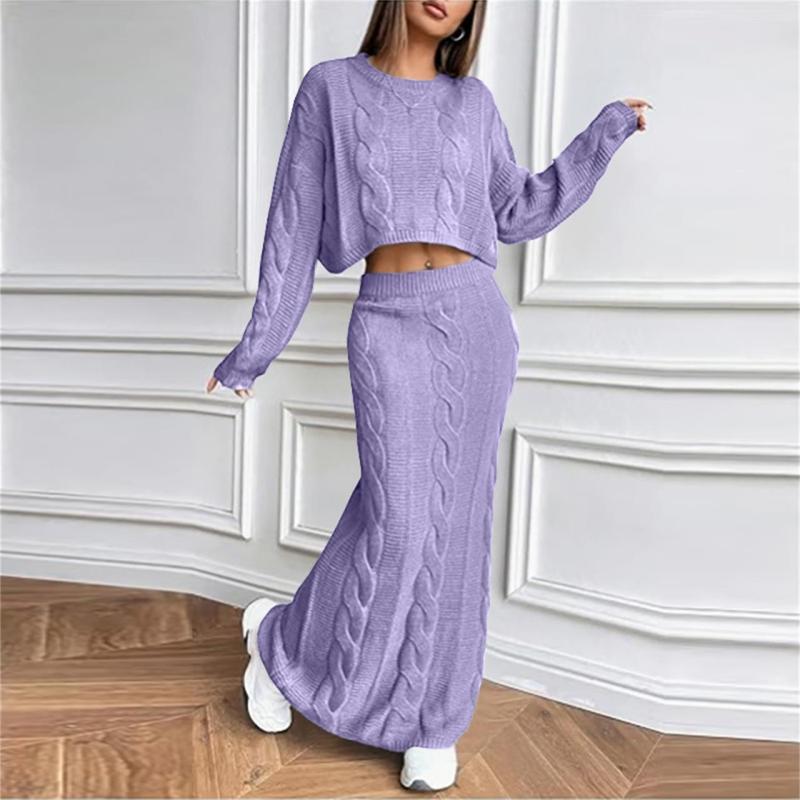 Purple Long Sleeve Knitted Pullover Cardigan Pleated Bodycon Long Skirt Sets
