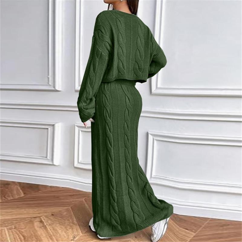 Green Long Sleeve Knitted Pullover Cardigan Pleated Bodycon Long Skirt Sets