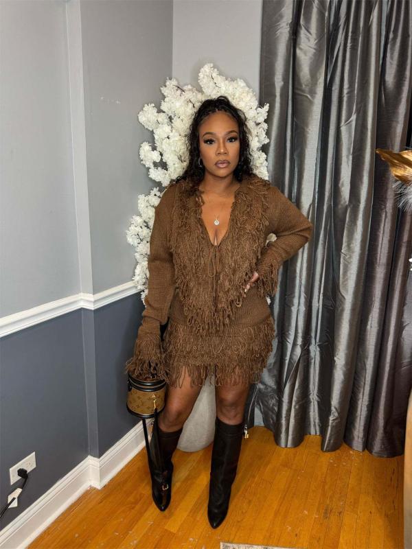 Coffee Long Sleeve Knitting Sweater Tassels Two Pieces Bandage Skirt Dress Sets