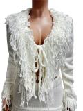 White Long Sleeve Knitting Sweater Tassels Two Pieces Bandage Skirt Dress Sets