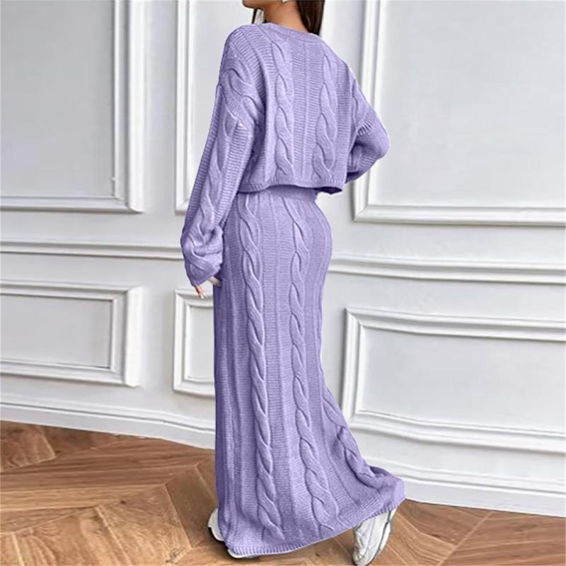 Purple Long Sleeve Knitted Pullover Cardigan Pleated Bodycon Long Skirt Sets