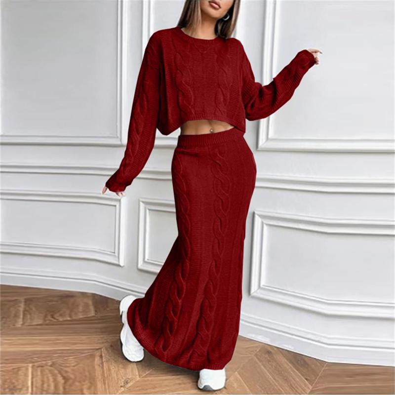 Red Long Sleeve Knitted Pullover Cardigan Pleated Bodycon Long Skirt Sets