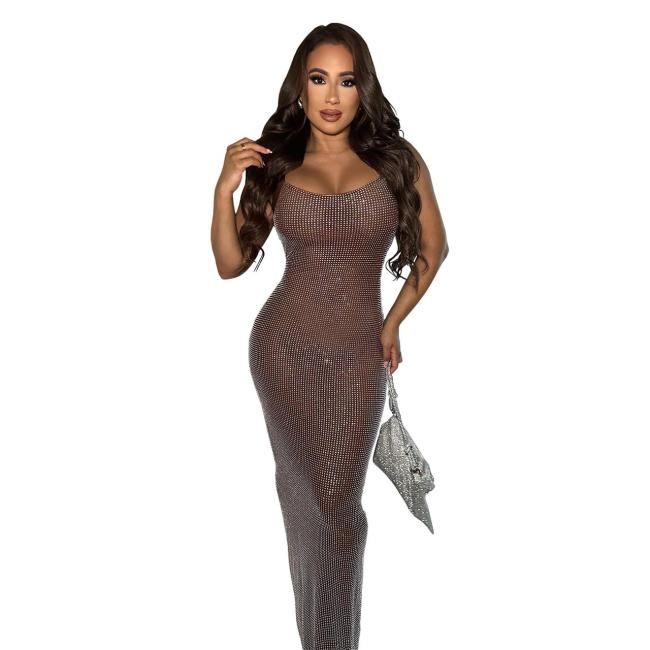 Coffee Sleeveless Halter Mesh Diamonds Bodycon Midi Dress