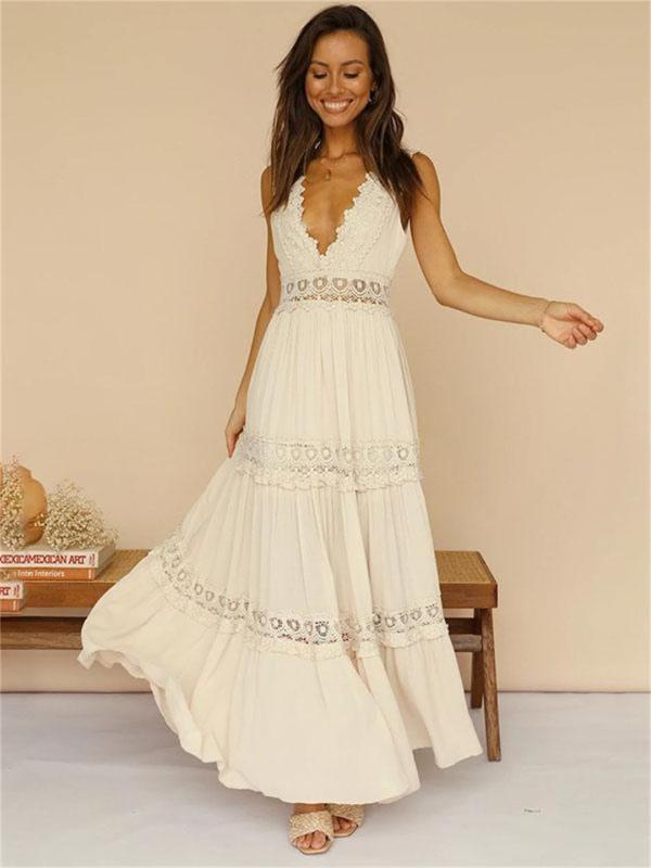 White Deep V Neck Lace Elegant Fashion Women Long Party Dress