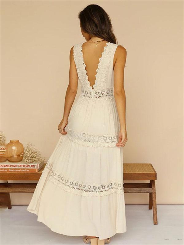 White Deep V Neck Lace Elegant Fashion Women Long Party Dress