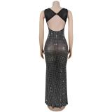 Black  Sleeveless Halter Mesh Diamonds Bodycon Midi Dress