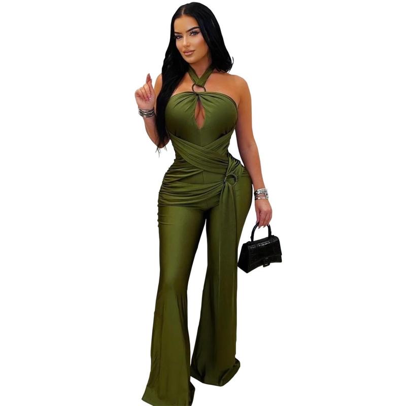 Green Halter Neck Snatched Bodycon Women Bandage Jumpsuit