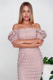 Pink Off Shoulder Lace Embroidery Hollow Out Elegant Midi Dress