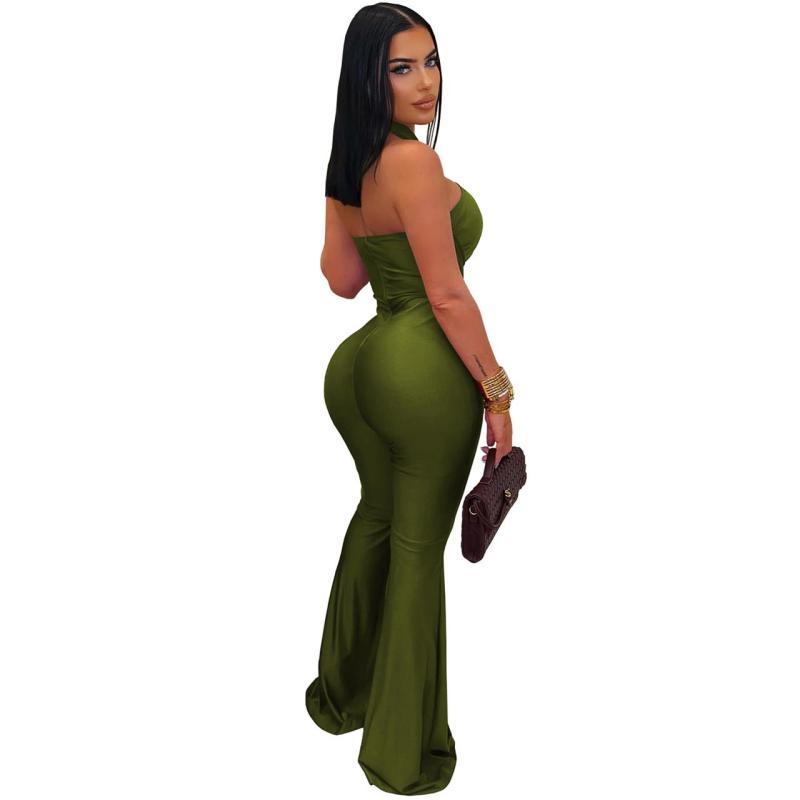 Green Halter Neck Snatched Bodycon Women Bandage Jumpsuit