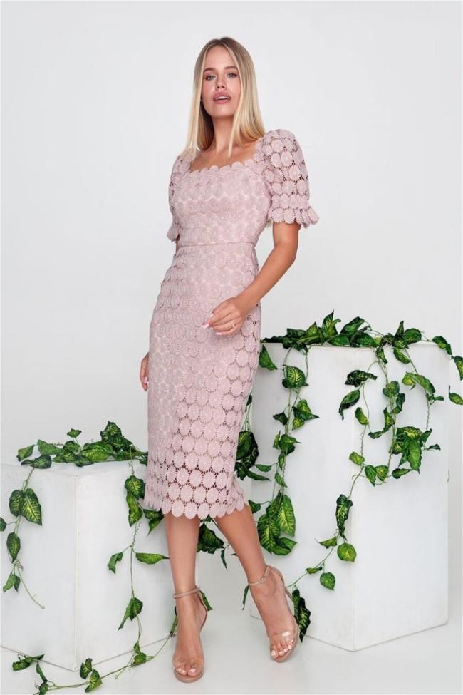 Pink Off Shoulder Lace Embroidery Hollow Out Elegant Midi Dress