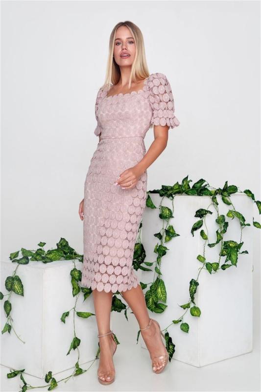 Pink Off Shoulder Lace Embroidery Hollow Out Elegant Midi Dress