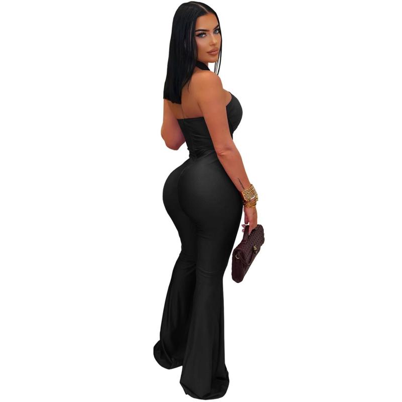 Black Halter Neck Snatched Bodycon Women Bandage Jumpsuit