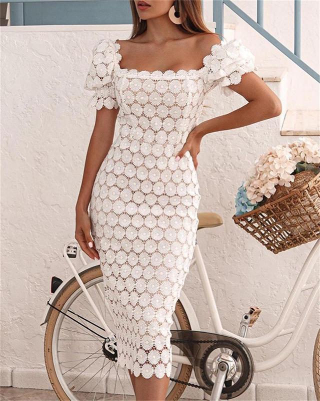 White Off Shoulder Lace Embroidery Hollow Out Elegant Midi Dress