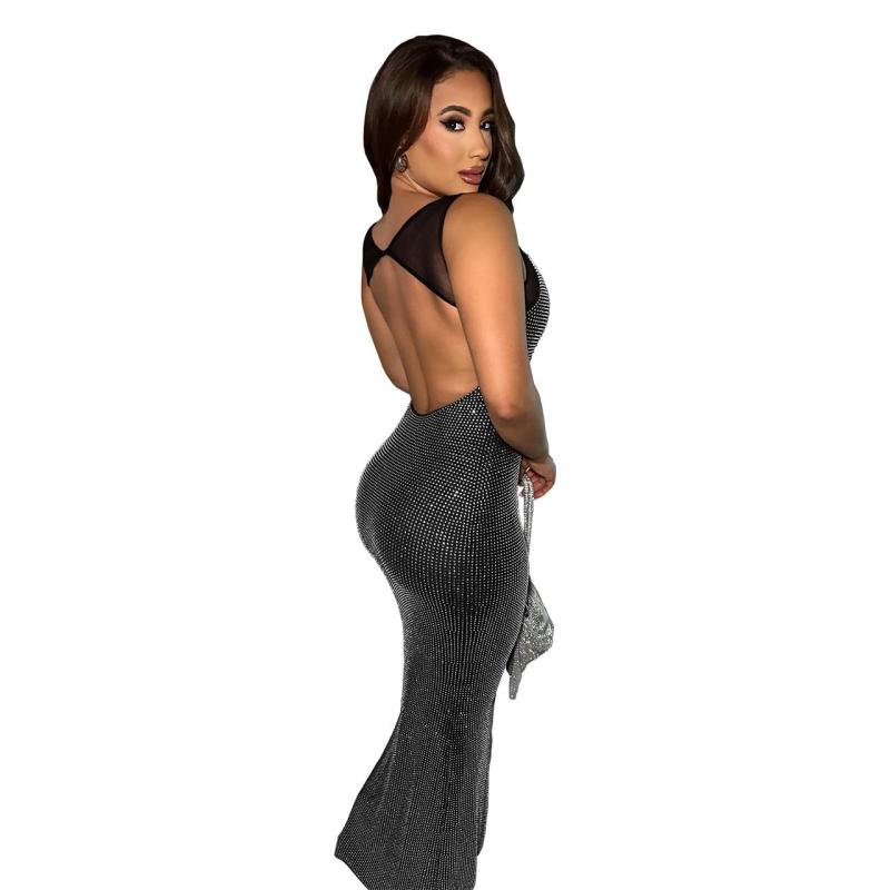 Black  Sleeveless Halter Mesh Diamonds Bodycon Midi Dress