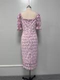 Pink Off Shoulder Lace Embroidery Hollow Out Elegant Midi Dress