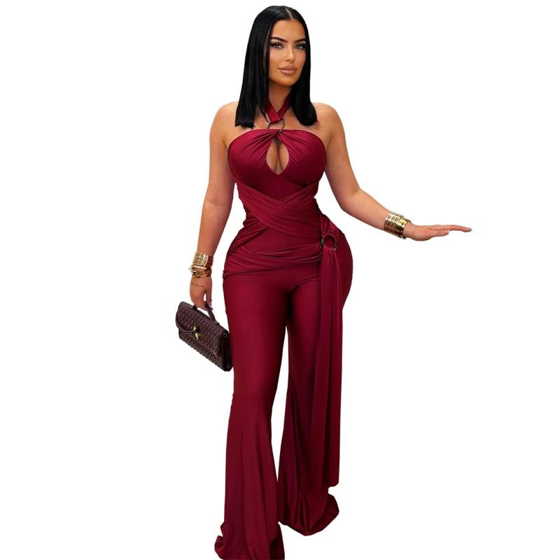 Red Halter Neck Snatched Bodycon Women Bandage Jumpsuit