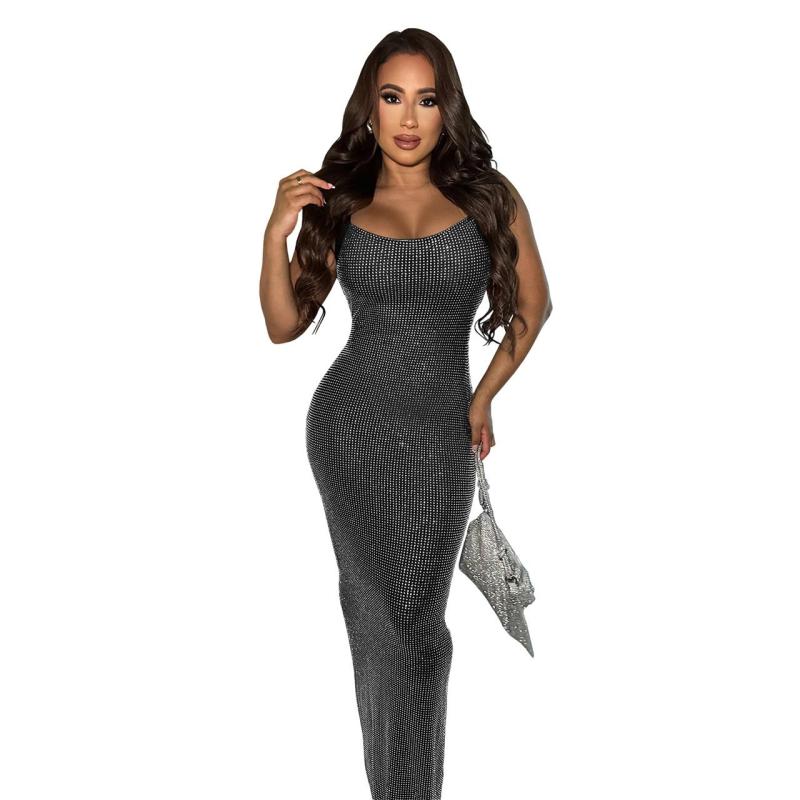 Black  Sleeveless Halter Mesh Diamonds Bodycon Midi Dress