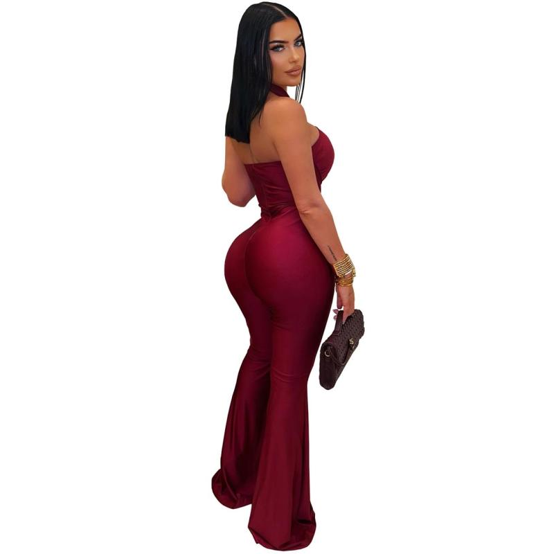 Red Halter Neck Snatched Bodycon Women Bandage Jumpsuit