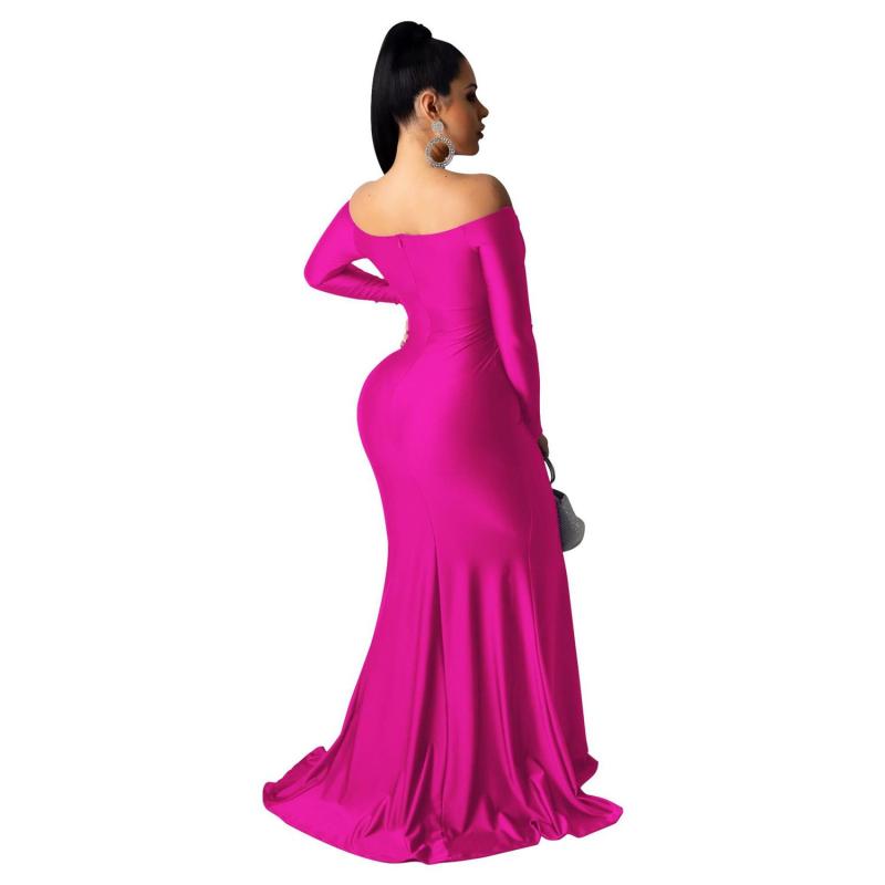Rose Red Long Sleeve Low Cut Luxury Women Evening Formal Dress