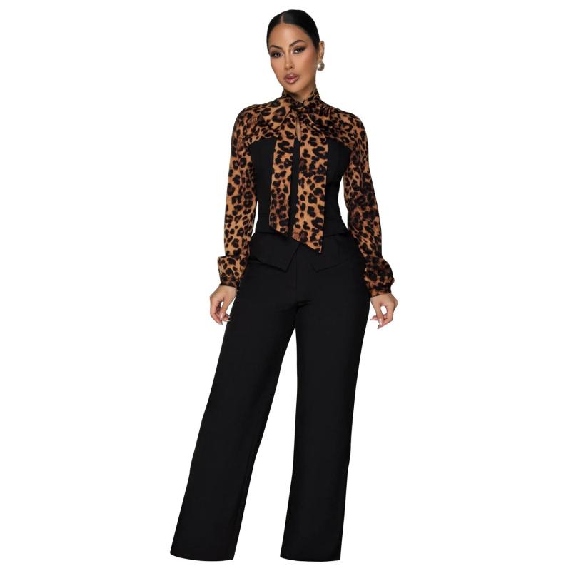 Black Leopards Print Lace Up Suit Tops Office Lady Two Pieces Casual Pant Sets Jumpsuit