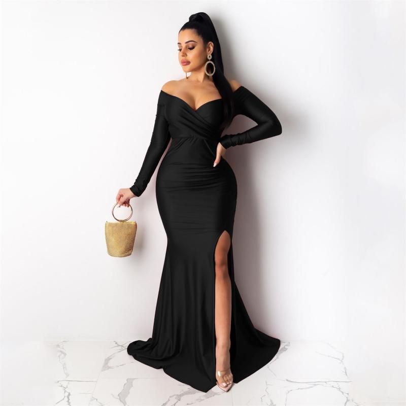 Black Long Sleeve Low Cut Luxury Women Evening Formal Dress