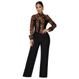 Black Leopards Print Lace Up Suit Tops Office Lady Two Pieces Casual Pant Sets Jumpsuit