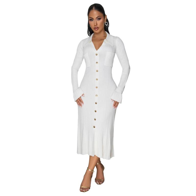White Long Sleeve Knitted Sweaters Single Breasted Midi Dress
