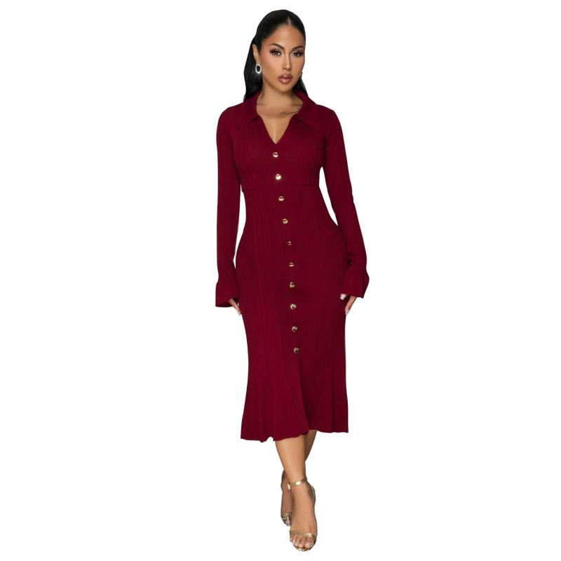 Wine Red Long Sleeve Knitted Sweaters Single Breasted Midi Dress