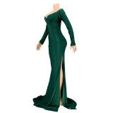 Green Long Sleeve Low Cut Luxury Women Evening Formal Dress