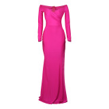 Rose Red Long Sleeve Low Cut Luxury Women Evening Formal Dress