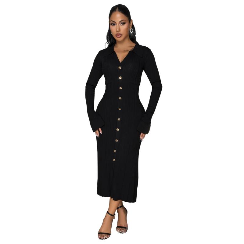 Black Long Sleeve Knitted Sweaters Single Breasted Midi Dress