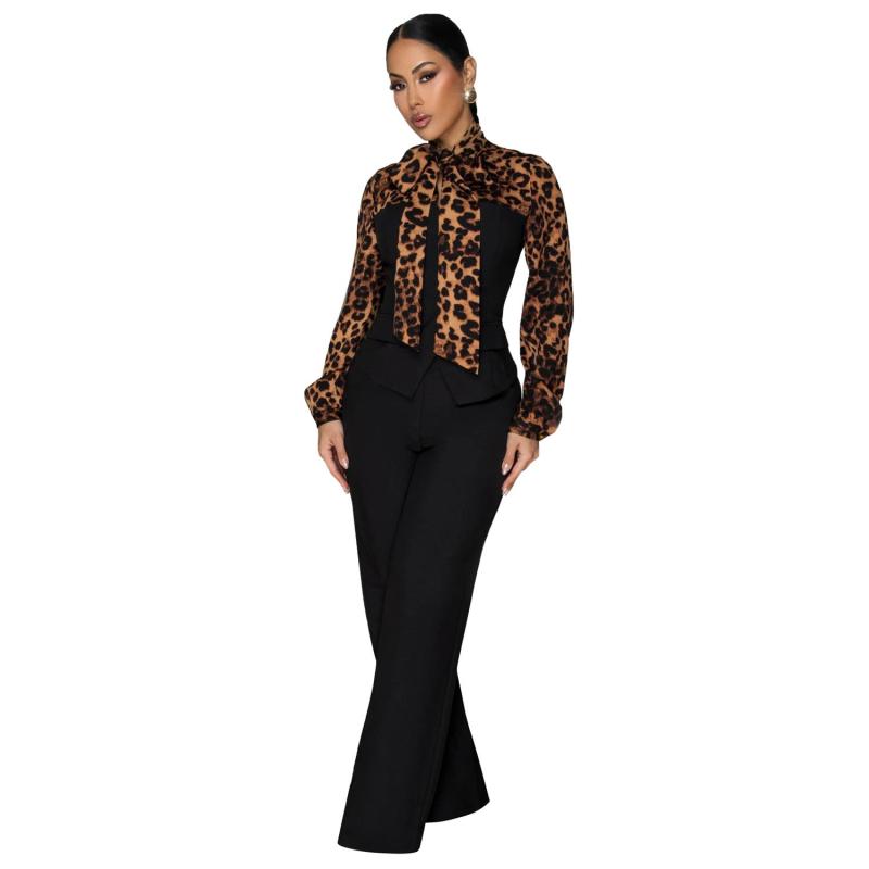 Black Leopards Print Lace Up Suit Tops Office Lady Two Pieces Casual Pant Sets Jumpsuit