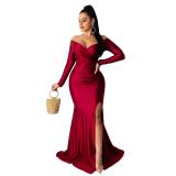 Red Long Sleeve Low Cut Luxury Women Evening Formal Dress