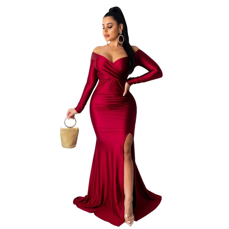 Red Long Sleeve Low Cut Luxury Women Evening Formal Dress