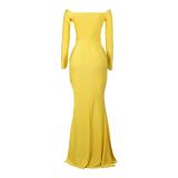 Yellow Long Sleeve Low Cut Luxury Women Evening Formal Dress