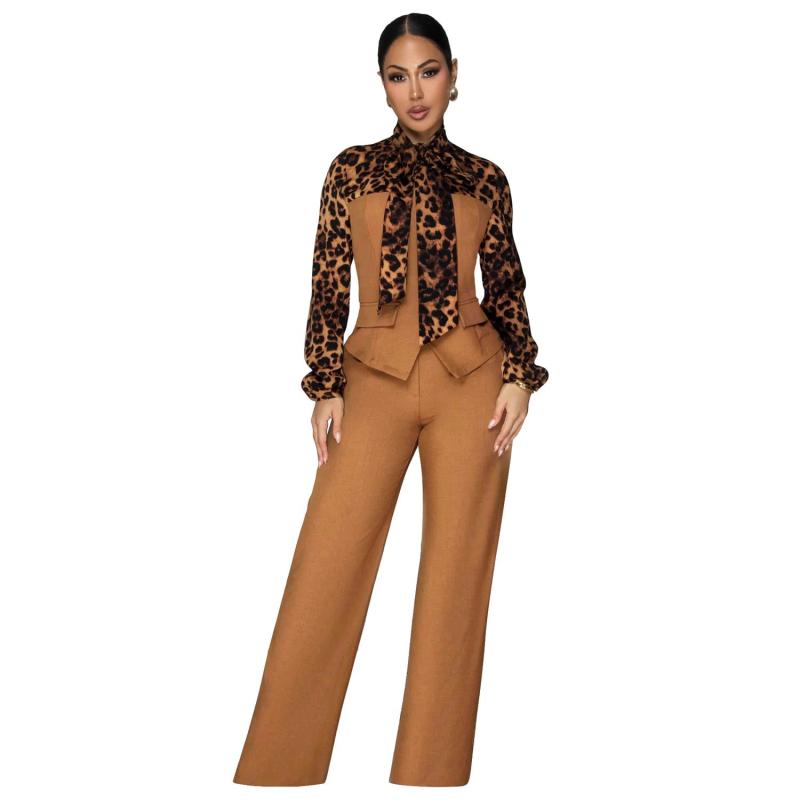 Brown Leopards Print Lace Up Suit Tops Office Lady Two Pieces Casual Pant Sets Jumpsuit