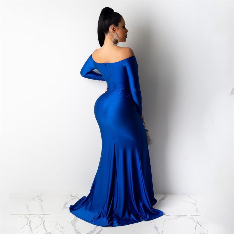 Blue Long Sleeve Low Cut Luxury Women Evening Formal Dress