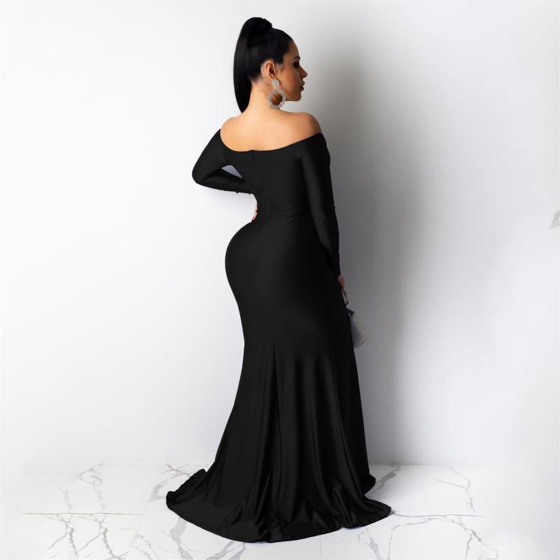 Black Long Sleeve Low Cut Luxury Women Evening Formal Dress