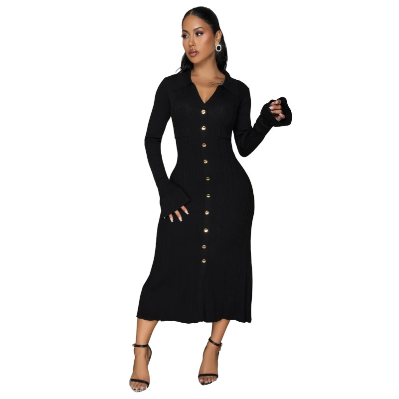 Black Long Sleeve Knitted Sweaters Single Breasted Midi Dress