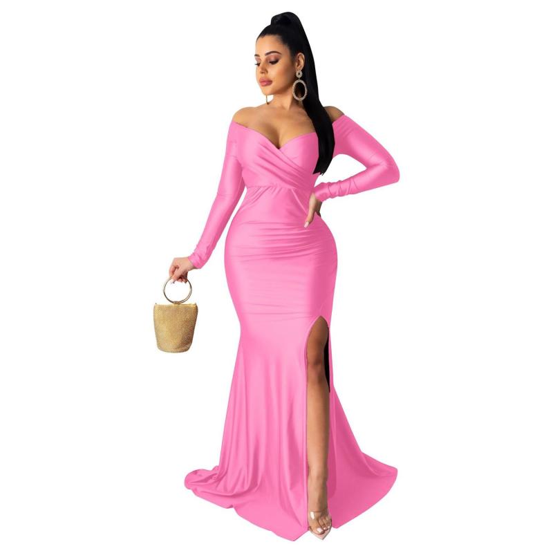 Pink Long Sleeve Low Cut Luxury Women Evening Formal Dress