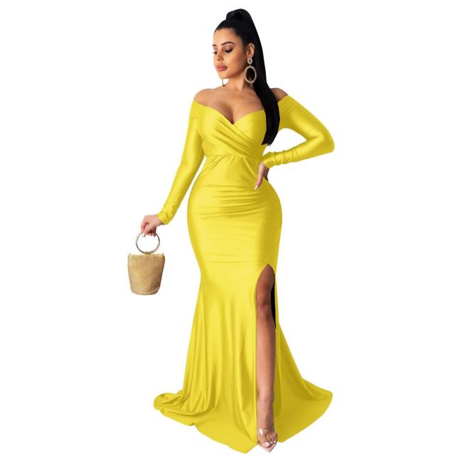 Yellow Long Sleeve Low Cut Luxury Women Evening Formal Dress