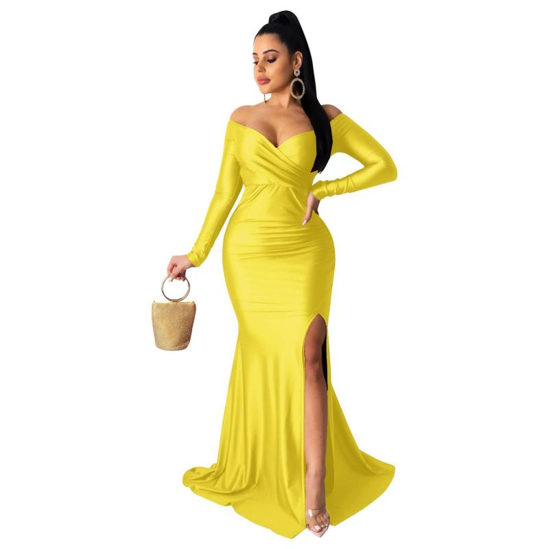 Yellow Long Sleeve Low Cut Luxury Women Evening Formal Dress