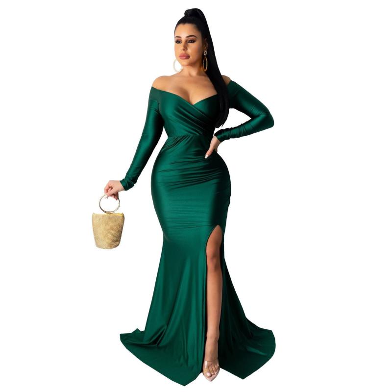 Green Long Sleeve Low Cut Luxury Women Evening Formal Dress