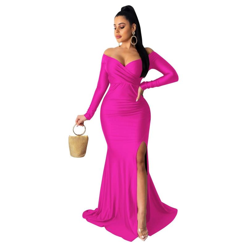 Rose Red Long Sleeve Low Cut Luxury Women Evening Formal Dress
