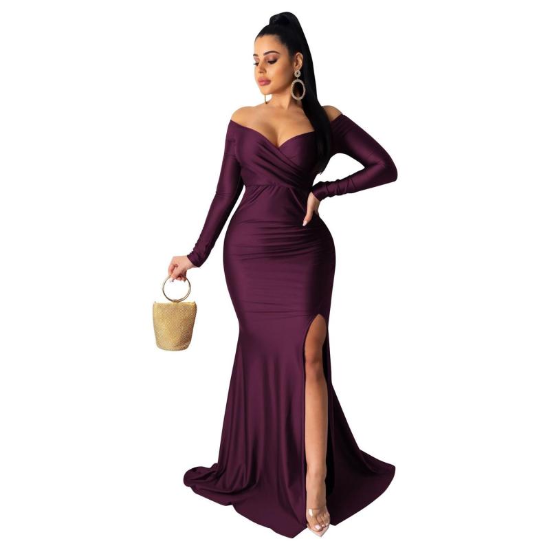 Black Long Sleeve Low Cut Luxury Women Evening Formal Dress