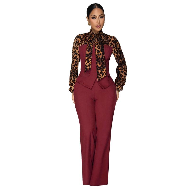 Red Leopards Print Lace Up Suit Tops Office Lady Two Pieces Casual Pant Sets Jumpsuit